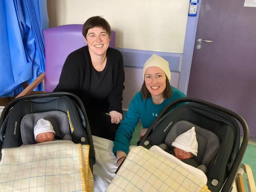 Two mums and their newborn twin babies